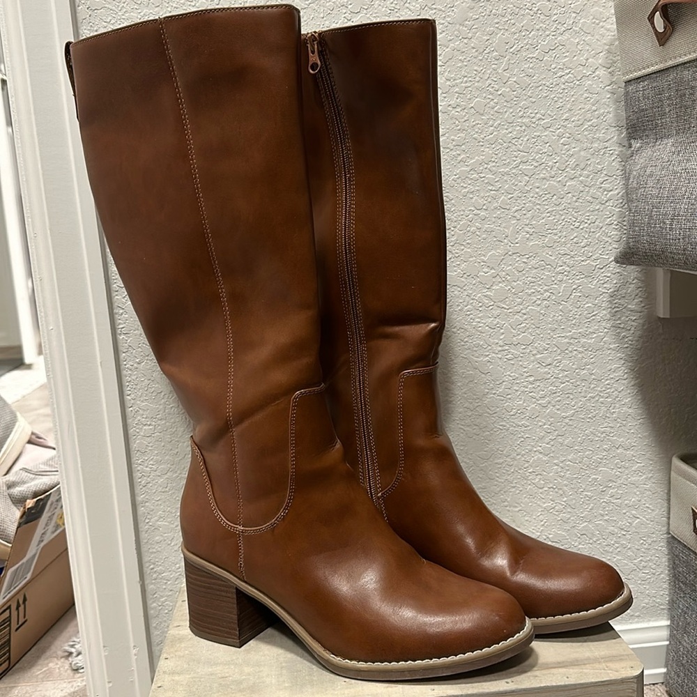 Knee high brown heeled boots